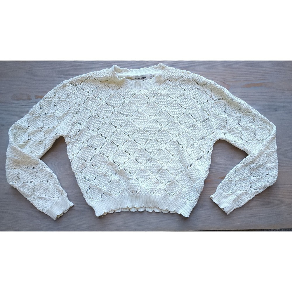 NWT Women Beachy Boho Coastal Open Knit Crochet Sweater Top Cream Long Sleeve OS